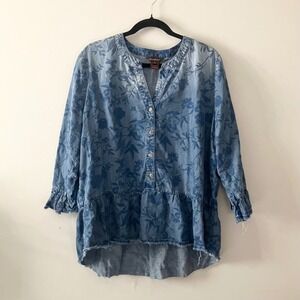 Multiples Blue Floral Chambray Oversized Tunic Blouse Boho Cottagecore XL